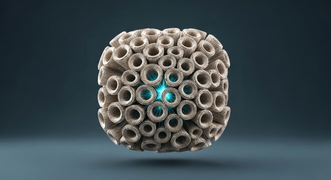 Compact bone 3D microscopic render, cortical osteon structure visualization, Haversian system lamellae architecture, mineralized bone matrix, canaliculi network, orthopedic anatomy concept