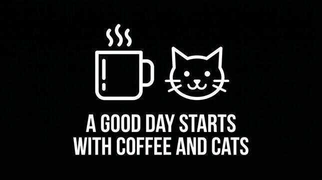 A simple graphic illustration on a black background shows a steaming mug of coffee next to a cat's face, with the text "A GOOD DAY STARTS WITH COFFEE AND CATS" below.