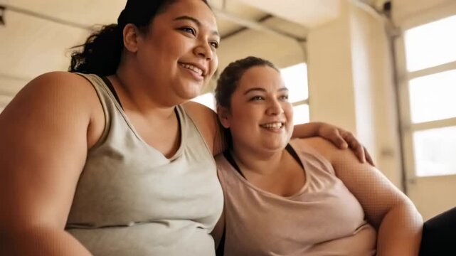Laughing two women wearing tank tops leaning on bench by garage windows, reacting to offscreen joke