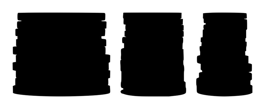Coins set with black silhouette stack on white background featuring currency, silver, metallic with line art and negative space