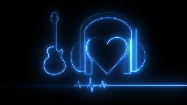 Neon electric guitar headphones and heart love. colorful music notes and sound , glowing signboard, music concept on black background.4k video motion graphic animation ..