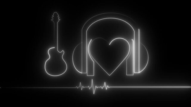 Neon electric guitar headphones and heart love. colorful music notes and sound , glowing signboard, music concept on black background.4k video motion graphic animation ..