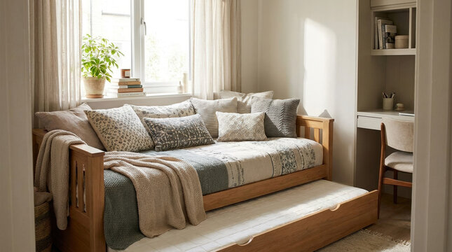 Cozy daybed with trundle inviting relaxation and comfort in a serene, softly lit interior