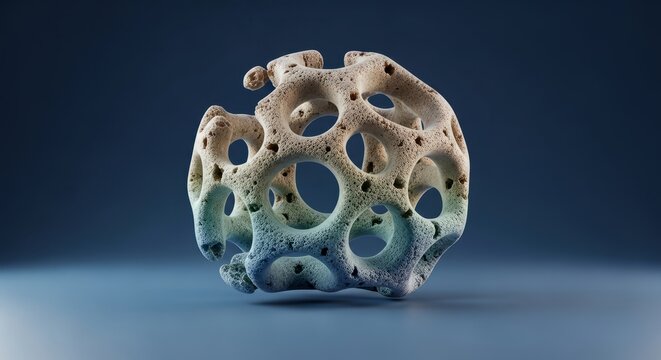 Spongy bone 3D microscopic render, cancellous trabecular structure visualization, porous bone lattice network, marrow cavity architecture, orthopedic bone biology concept, skeletal microstructure