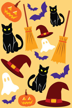 halloween_witch_hat_broom_blackcat_bat_pumpkin.eps