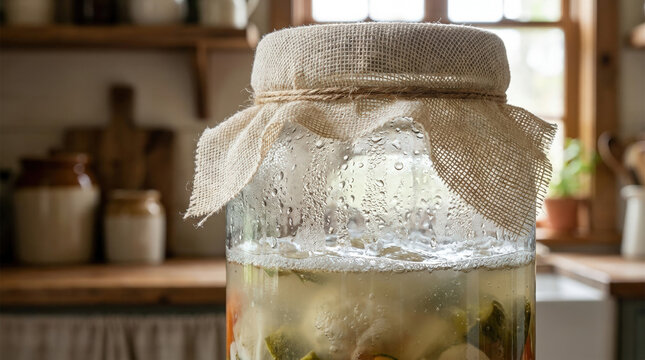 Fermenting vegetables in a jar with a rustic feel, showcasing the process of preservation against a cozy kitchen background with natural light