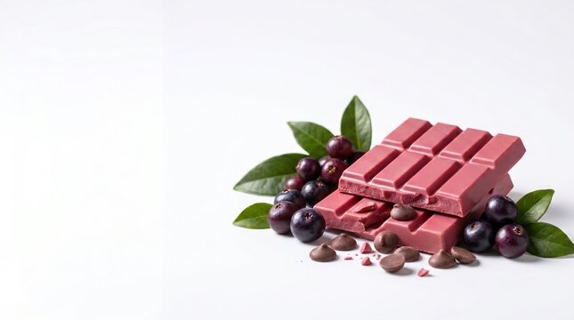 A stack of ruby chocolate bars with fresh berries and green leaves on a white background.