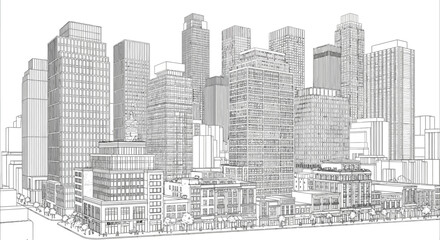 Fototapeta premium Detailed line drawing of a modern city skyline featuring numerous high-rise buildings and urban infrastructure.