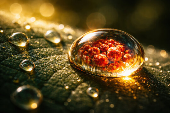 Stunning close up of water droplet resting on leaf, showcasing vibrant red haematococcus pluvialis cells within. light creates magical glow