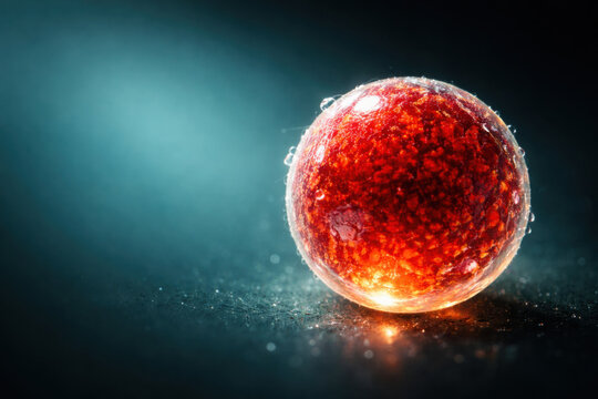 Vibrant red sphere glistens with droplets, showcasing beauty of haematococcus pluvialis in captivating light