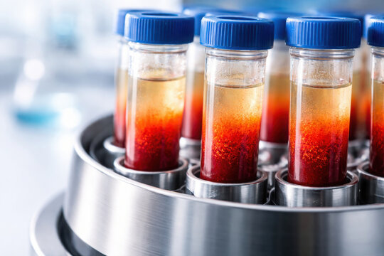 Laboratory test tubes contain liquid samples with distinct layers showcasing vibrant colors, highlighting beauty of haematococcus pluvialis