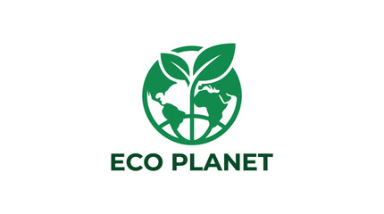 Fototapeta premium Eco Planet Logo Design - Green Earth and Leaves Symbol.