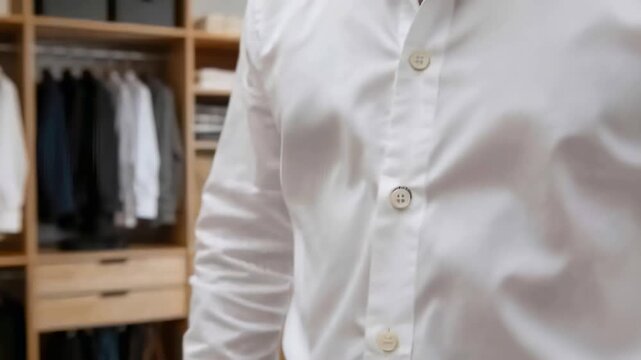 Buttoning white-shirted man holding fabric and guiding button at walk-in closet, wardrobe, for work