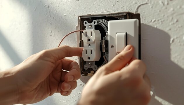 Hands are installing a new electrical outlet and switch into an unfinished wall with exposed wiring.