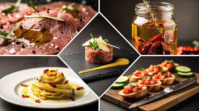 Vorspeisen Collage mit Bruschetta, Rindertatar, Pasta, Rohfleisch und Chili&ouml;l auf dunklem Hintergrund