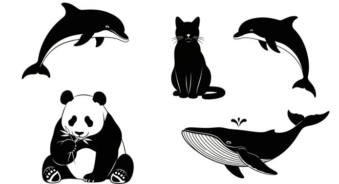Collection of five distinct animal illustrations in black and white.