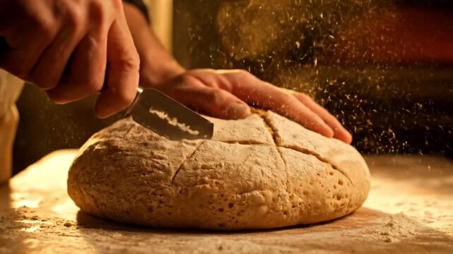 Close-up of a baker scoring a rustic loaf of sourdough bread with a razor blade, creating traditional patterns before baking