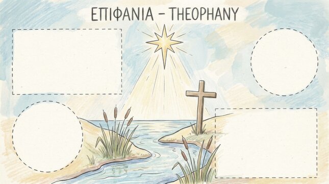 hand-drawn epiphany theophany eastern orthodox square poster template illustration template featuring river bank with star shining above simple cross