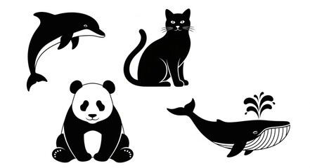Collection of four black animal silhouettes including a dolphin panda cat and whale. © Sarwo