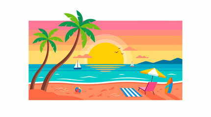 Obraz premium Tropical Beach Sunset Illustration with Palm Trees and Ocean View.