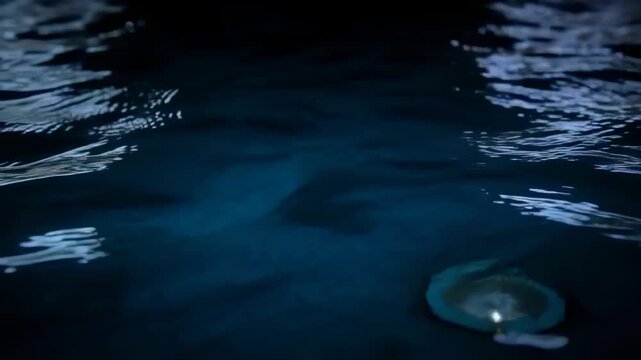 Glowing pool lamp shifting reflection with ripples moving, lighting tiled basin, copy space