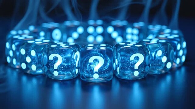 Glowing Blue Dice with Question Marks in Smoke - Concept of Chance, Mystery, and Gambling
