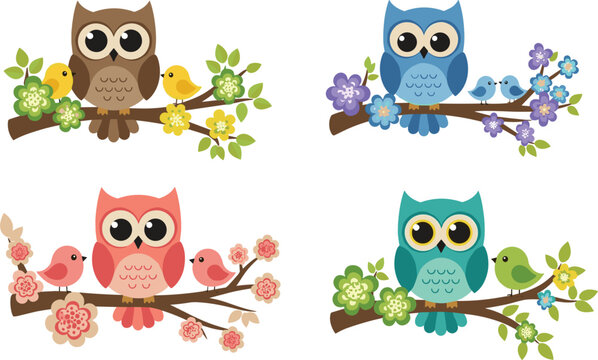 Collection of four vector illustrations featuring cute cartoon owls and small songbirds perched on flowering tree branches, isolated on a white background for nursery and stationery design.