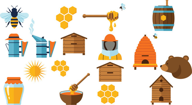 Beekeeping and Honey Production Icon Set with Beehives, Beekeeper, Honeycomb, Tools and Natural Apiary Elements for Farming and Vector Illustration.