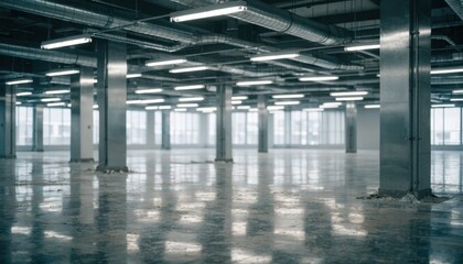 Obraz premium Medium shot of a vacant shell office floor featuring exposed ceiling grid and structural columns with blurred window lines in the background for a minimalist industrial look.
