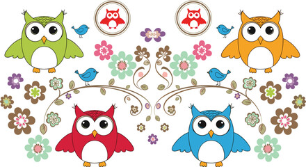 Obraz premium Cute Owl Floral Pattern with Birds Flowers and Decorative Symmetrical Elements Cartoon Vector Illustration for Kids Nursery Textile Wallpaper and Fabric Designs
