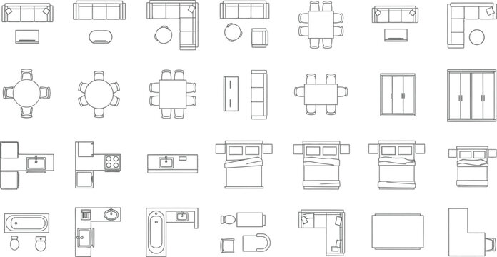 Set of Architectural Floor Plan Furniture Icons Including Sofas Tables Beds Kitchen Units and Bathroom Fixtures for Interior Design