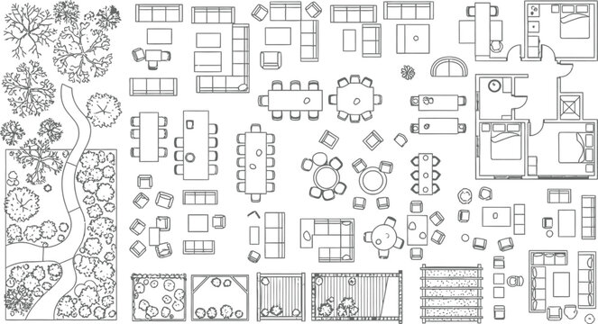 Architectural Floor Plan Furniture Symbols Set Including Top View Trees And Landscape Elements For Interior Design And Site Planning Projects