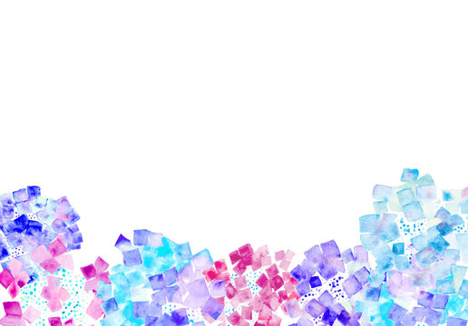 Hydrangea watercolor border, transparent PNG, floral bottom frame, pastel blue pink purple, hand drawn ajisai, copy space / 水彩 紫陽花 フレーム 下配置 透過PNG 背景素材 パステル あじさい コピースペース