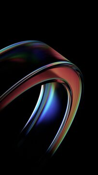 Abstract minimalist iridescent reflections on a glass curved shape, vertical 3d render
