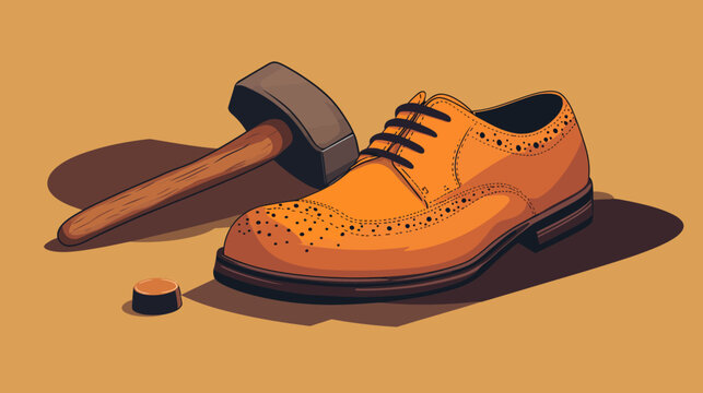 Artistic depiction of a brown shoe, a hammer, and a wooden peg on a warm-toned background