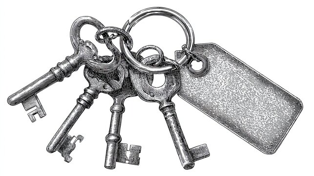 Antique keys engraving sketch vintage key ring with label old metal security object illustration