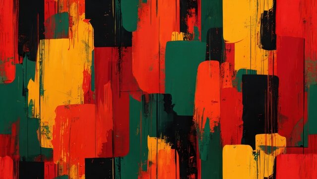 Seamless abstract pattern with Pan-African colors, red yellow green black brushstrokes for Black History Month backgrounds, Juneteenth celebration decoration, African heritage textile design