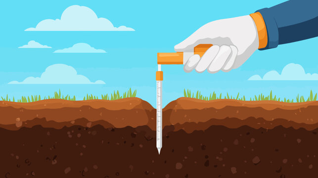 Cartoon illustration of a hand using a soil moisture probe on an exposed soil cross-section