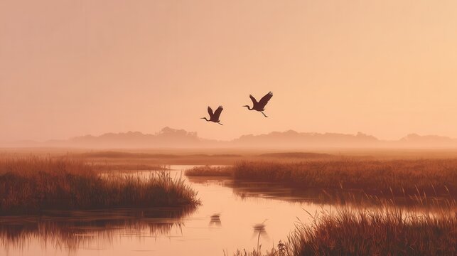 Two birds flying over misty marsh landscape at sunrise warm tones tranquil wetland nature scene