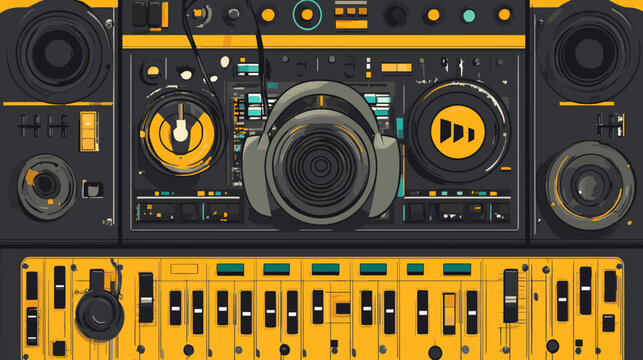 Stylized illustration of a DJ mixing console featuring speakers, headphones and various controls