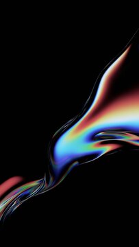 Abstract iridescent glass curved shapes on a black background, vertical 3d render