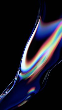 Abstract minimalist glass wavy line on a black background with color refraction effect, vertical 3d render