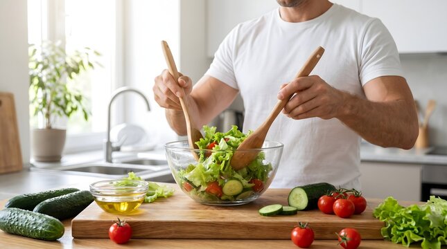 Caucasian man tossing fresh green salad in a glass bowl