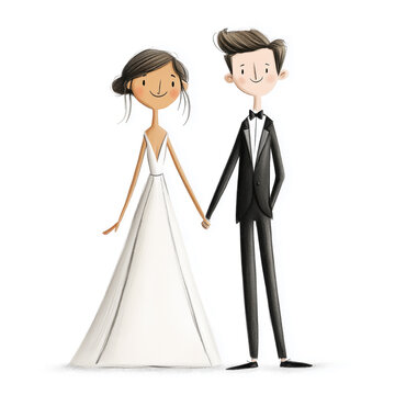 Bride and Groom Smiling Illustration Isolated on White Background