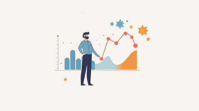 A businessman beside graphs and infographics against a neutral backdrop