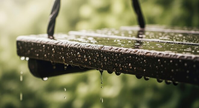 Raindrops cling to a weathered wooden swing after a downpour