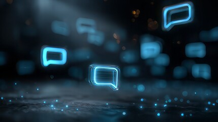 Fototapeta premium AI Digital communication networking glowing blue speech bubbles floating against a dark, tech themed background. AI chatbots or virtual communication technology.
