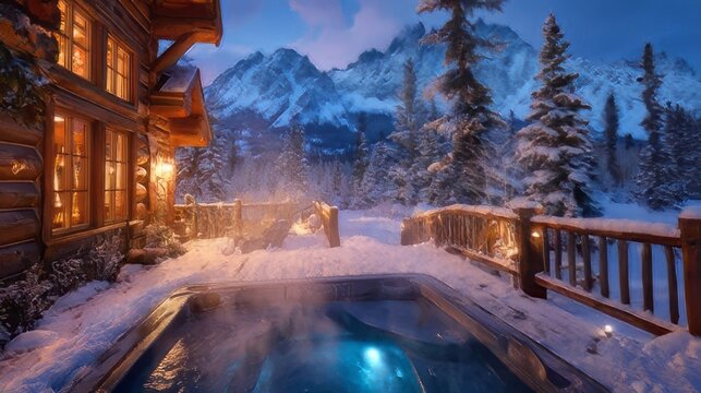 Serene moment luxurious winter retreat swimming pool at sunset. Luxury winter ski chalet rental in Snowmass Village with a private hot tub on a deck overlooking snowy mountain peaks. 