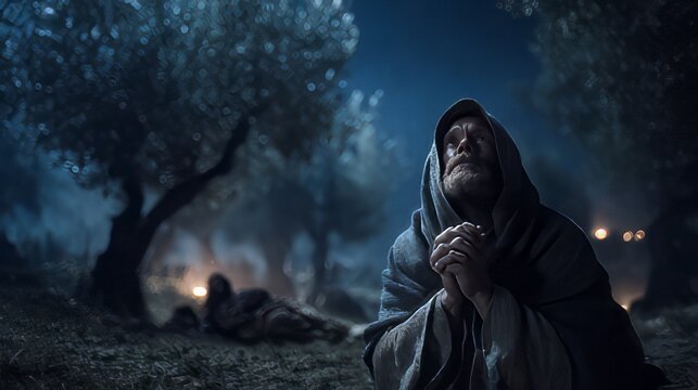 Nativity scene of Jesus kneeling and praying in the Garden of Gethsemane at night with his disciple sleeping in the last hour before he was betrayed by Judas Iscariot.