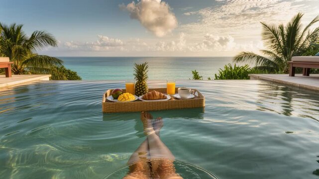 Luxury tropical infinity pool breakfast with ocean view at sunrise